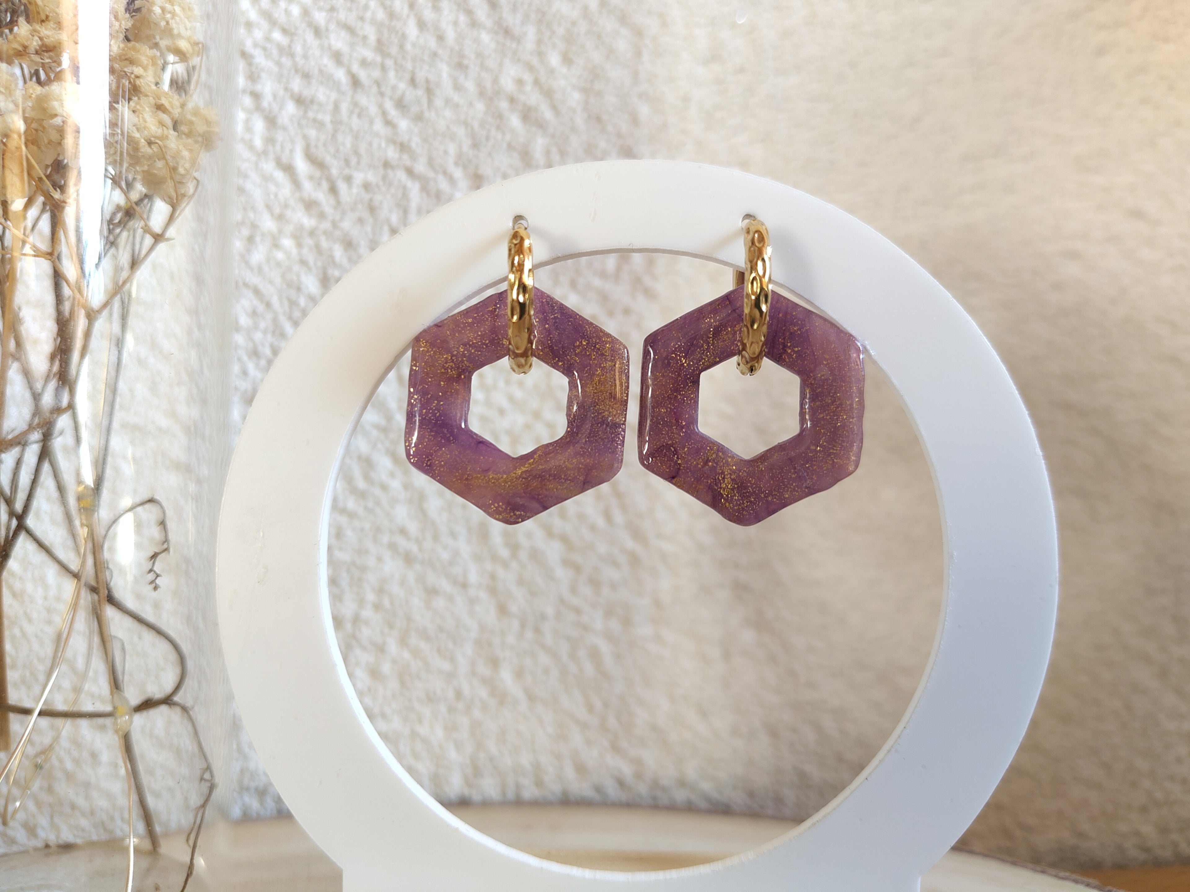 Pampilles Hexagone marbre violet or